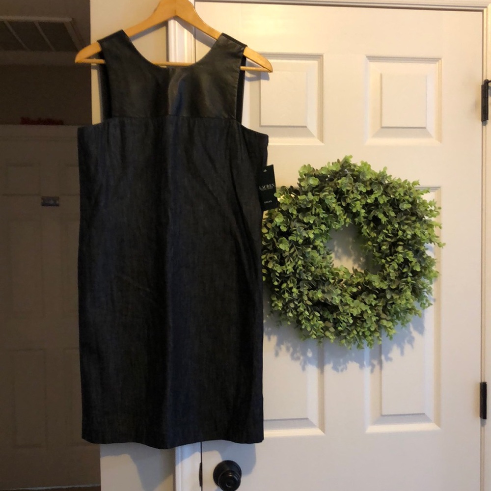NWT Lauren sheath~W Sz 8; black lightwt denim, leather-look sleeve